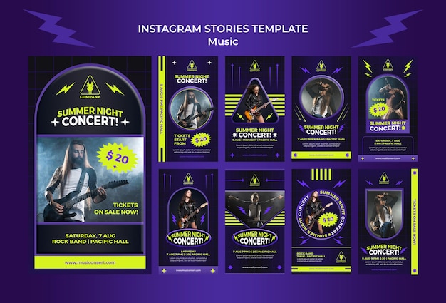 Kolekcja neonowych opowiadań na instagramie na letni koncert nocny