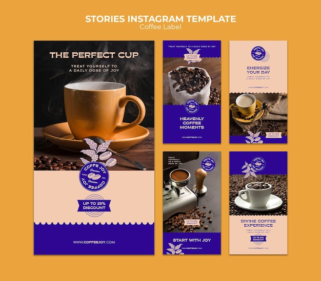 PSD kolekcja opowiadań na instagramie dla wytwórni kawy
