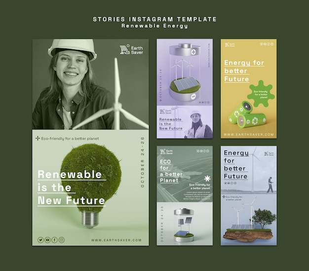 PSD kolekcja opowiadań na instagramie dotyczących energii odnawialnej