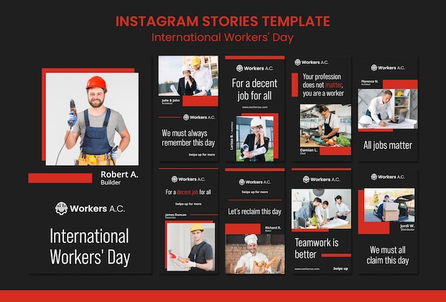 PSD kolekcja opowiadań na instagramie z okazji dnia pracownika międzynarodowego