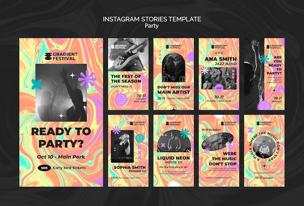 Kolekcja opowiadań z festiwalu muzycznego na Instagramie z wielokolorowym efektem płynnym