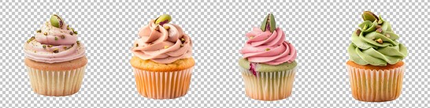 PSD kolekcja pistachio cupcake z rosewater frosting izolowany na przezroczystym tle