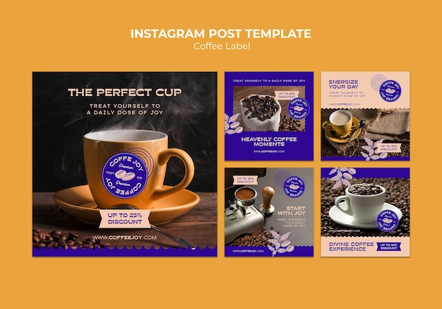 PSD kolekcja postów na instagramie dla etykiety kawy
