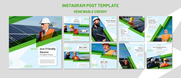 PSD kolekcja postów na instagramie dotyczącym energii odnawialnej i zrównoważonej