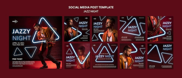 PSD kolekcja postów na instagramie na nocny neon jazzowy