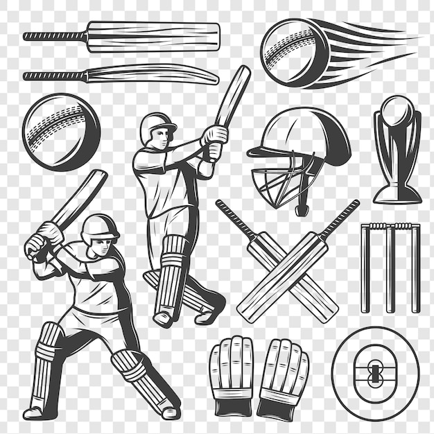Kolekcja Vintage Cricket Elements izolowana na przezroczystym tle