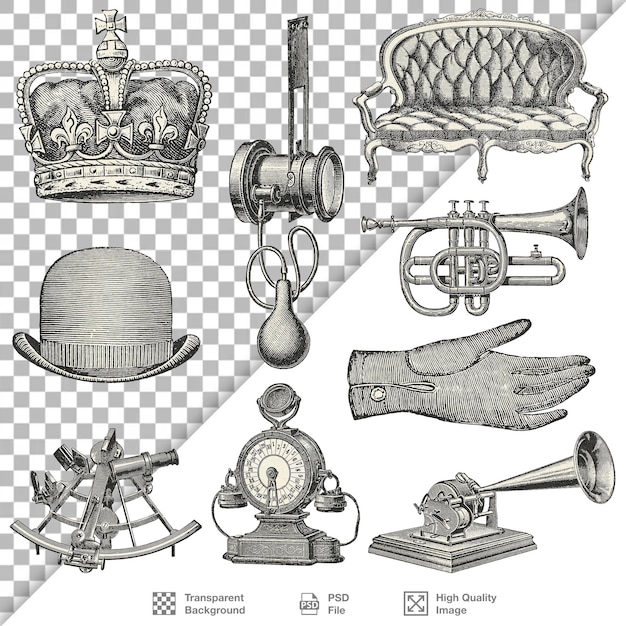 Kolekcja zabytkowych przedmiotów i instrumentów ilustracja png