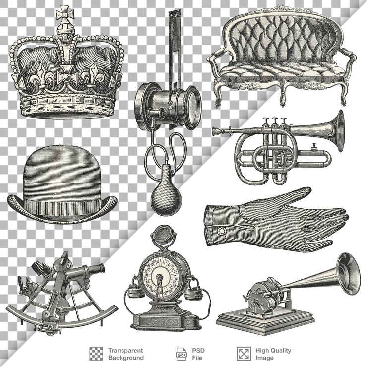 PSD kolekcja zabytkowych przedmiotów i instrumentów ilustracja png