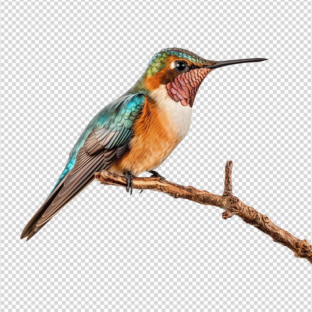 PSD kolibrie op tak geïsoleerd op transparante achtergrond
