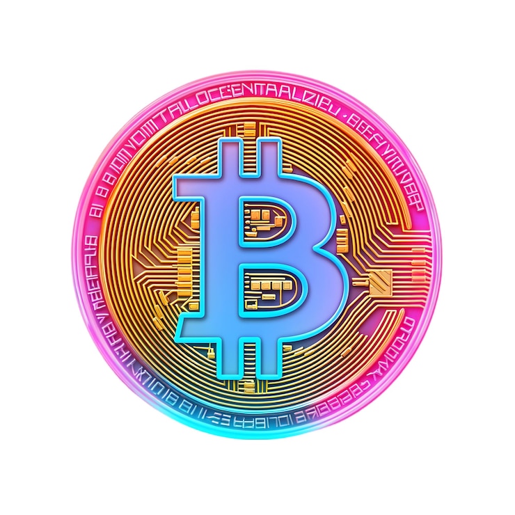 PSD kolorowa 3d moneta bitcoinowa z świecącym projektem dla kryptowalut i koncepcji gospodarki cyfrowej