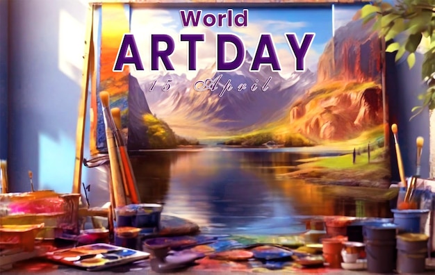 PSD kolorowa i piękna ilustracja 3d word art day banner design z sprzętem artystycznym