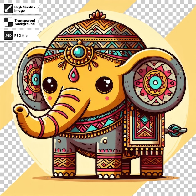 PSD kolorowa ilustracja kreskówki z słoniem na przezroczystym tle z edytowalną warstwą maski