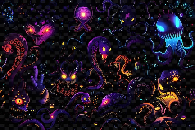 PSD kolorowa ilustracja potwora z fioletowym światłem na nim