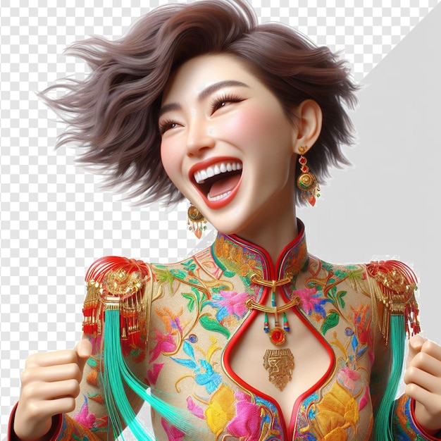 PSD kolorowa orientalna kobieta model tańczący drżący śmiejąc się izolowany przezroczysty tło twarz png