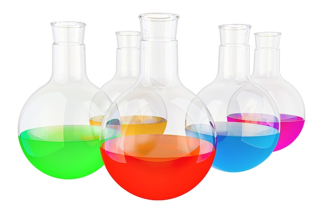 Kolorowe butelki chemiczne z płynnym renderingiem 3D izolowane na przezroczystym tle