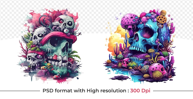 PSD kolorowe czaszki i elementy zombie stosowane w każdym kontekście idealne do drukowania na żądanie