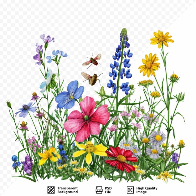 PSD kolorowe kwiaty łąki i ogrodu z odizolowanymi owadami