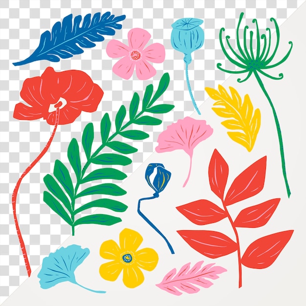 Kolorowe kwiaty png naklejka vintage botaniczna linocut kolekcja