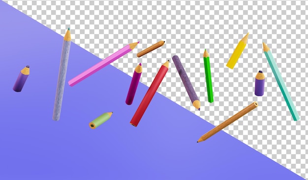 PSD kolorowe ołówki w powietrzu 3d render ołówki chaotycznie latające w powietrzu