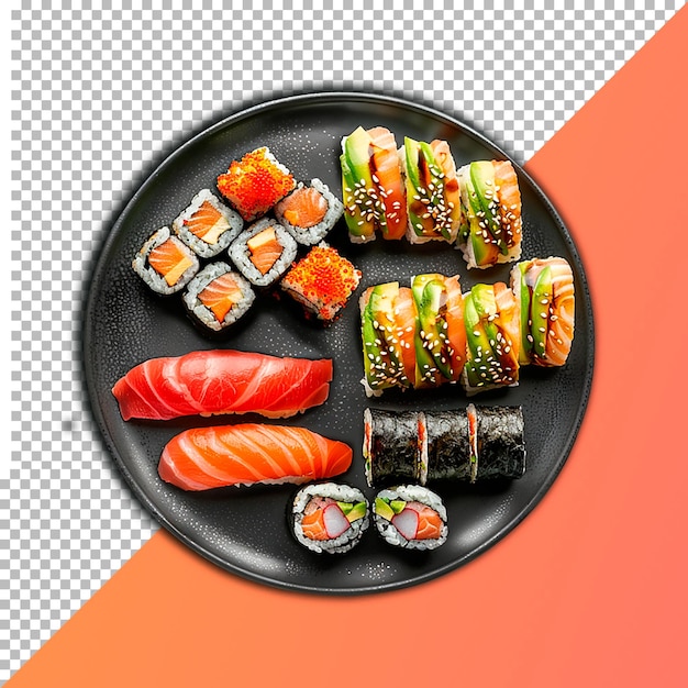 PSD kolorowe sashimi i sushi rolls w wizualnym bankiecie png