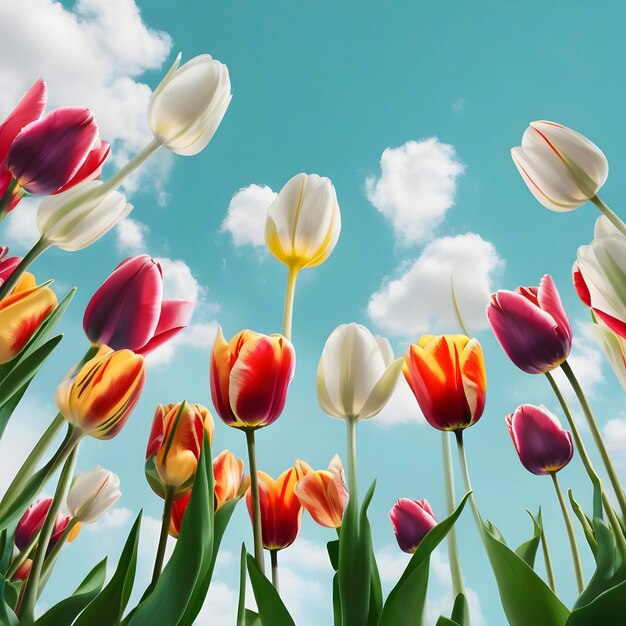 PSD kolorowe tulipany z zielonymi łodygami i liśćmi aigenerated.