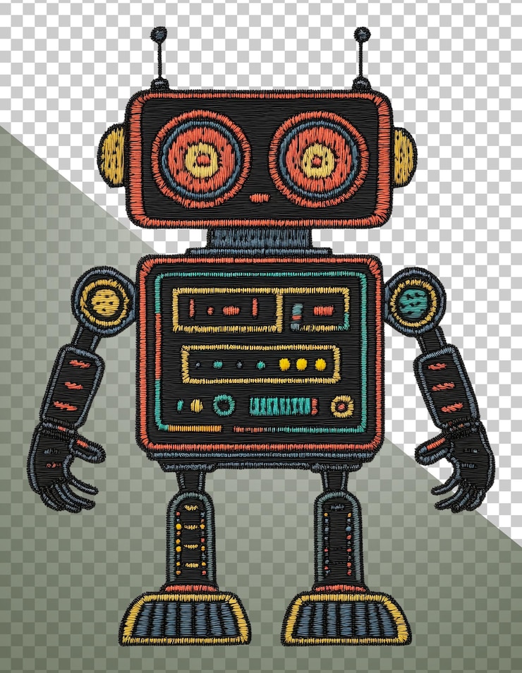 PSD kolorowy retro robot z przyciskami i anteną wycięty z akcji png