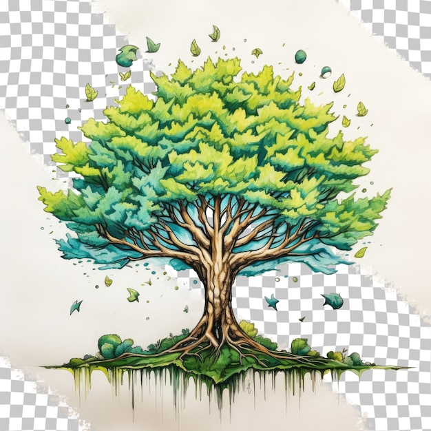 Kolorowy Rysunek Markerem Przedstawiający Drzewo Z Zieloną Koroną Na Przezroczystym Tle