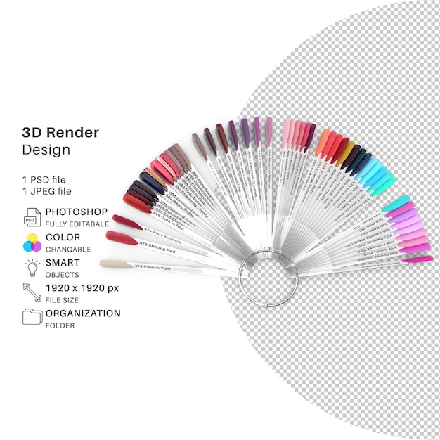PSD kolorowy wyświetlacz lakieru do paznokci modelowanie 3d plik psd realistyczny kolorowy wyświetlacz wachlarza