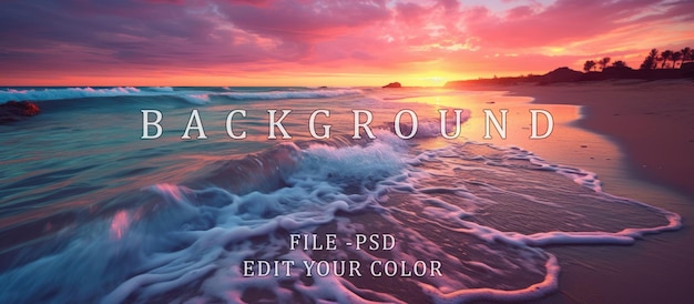 PSD kolorowy zachód słońca widoczny jest z plaży niebieskiego, różowego morza, a fale delikatnie płyną na brzeg