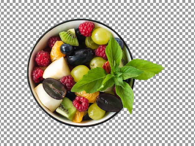 PSD kom fruitsalade met een groen blad op transparante achtergrond
