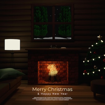 Kominek w drewnianym domu środowisko na świąteczne i sylwestrowe plakat