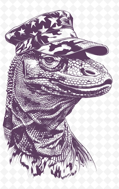 Комодский дракон с военной шапкой и строгим выражением лица