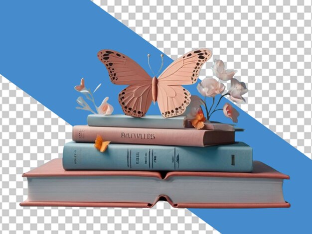 PSD kompozycja książek z papierową dekoracją i motylami