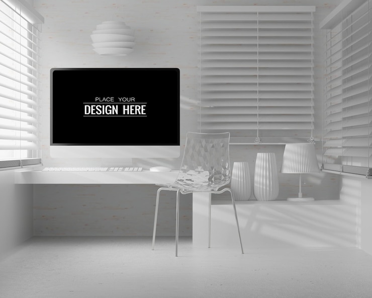 PSD komputer na stole w miejscu pracy mockup