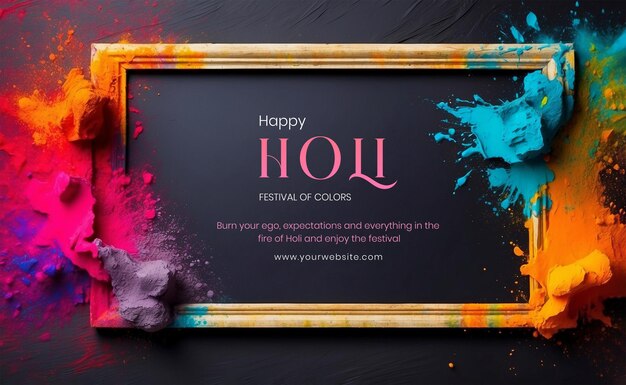 Koncepcja festiwalu Holi czarny kolor pozioma duża ramka ozdobiona kolorem Holi