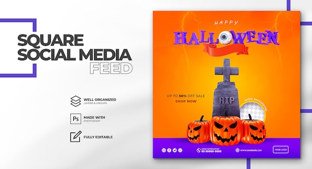 Koncepcja Halloweenowa Szablon Postu W Mediach Społecznościowych Elegancki 3d