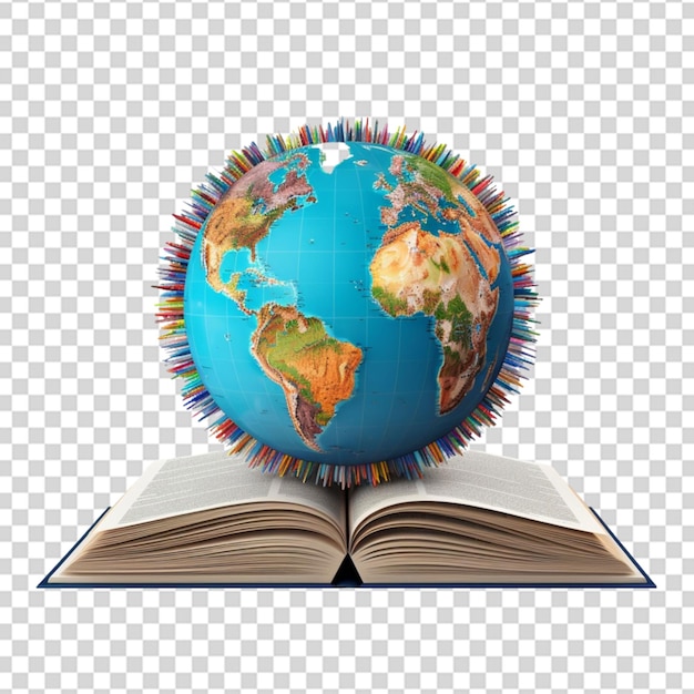 PSD koncepcja międzynarodowego dnia edukacji świat lub globus ziemi izolowany na stronach książek w okrągłym kształcie png przezroczysty