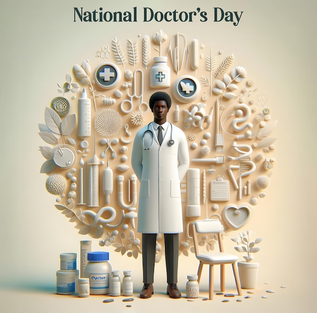 PSD koncepcja narodowego dnia lekarzy 3d mężczyzna lekarz w płaszczu laboratoryjnym otoczony instrumentami lekarskimi