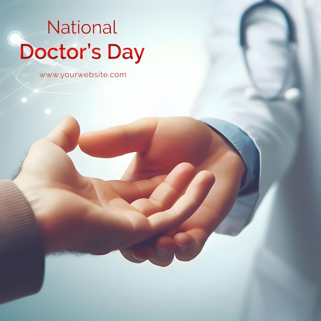 PSD koncepcja narodowego dnia lekarzy: ręka lekarza, łącząca się z ręką pacjenta