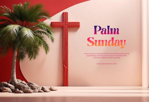 Koncepcja niedzieli palmowej gałęzie palmy po lewej stronie płótna na jasnoczerwonym tle