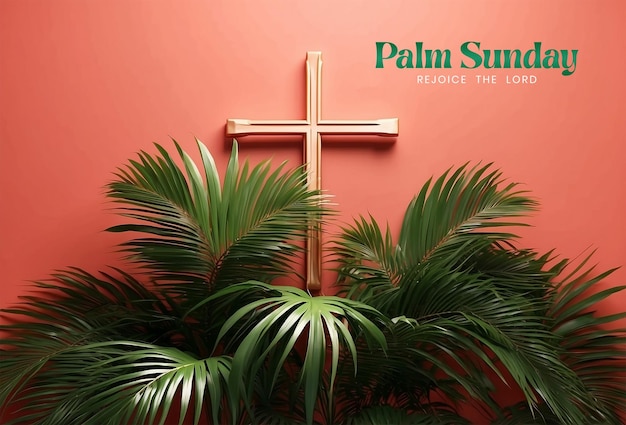 Koncepcja niedzieli palmowej gałęzie palmy z chrześcijańskim krzyżem na środku płótna