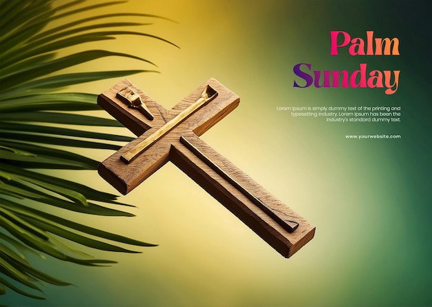 Koncepcja niedzieli palmowej gałęzie palmy z dekorowanym drewnianym krzyżem chrześcijańskim na zielonym tle