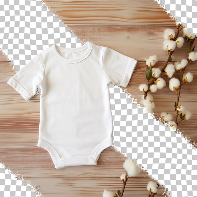 PSD koncepcja odzieży z bawełny ekologicznej z delikatnymi białymi kwiatami na drewnianej desce na przezroczystym tle