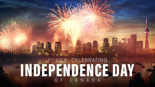 PSD koncepcja plakatu happy canada independence day z nocnym widokiem na miasto i fajerwerkami