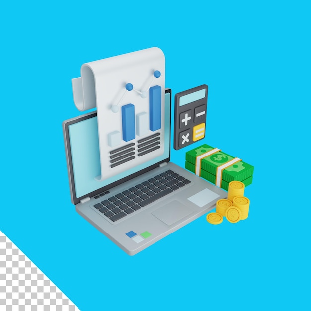 Koncepcja rachunkowości renderowania 3d z kalkulatorem pieniędzy na laptopa i kolorowym raportem lub oświadczeniem