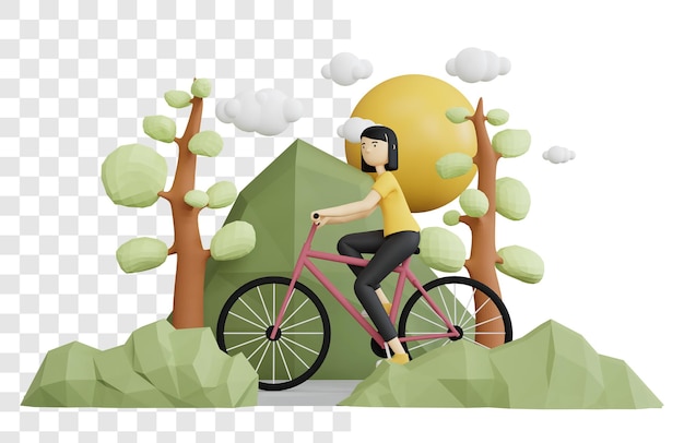 PSD koncepcja renderowania 3d kobiety jazda na rowerze w górach