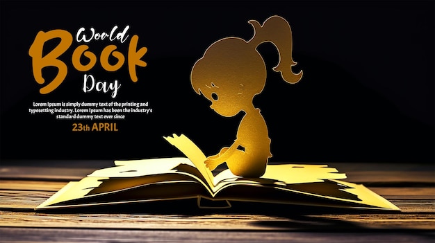 PSD koncepcja światowego dnia książki papierowa sylwetka małej dziewczynki czytającej książkę na drewnianym stole