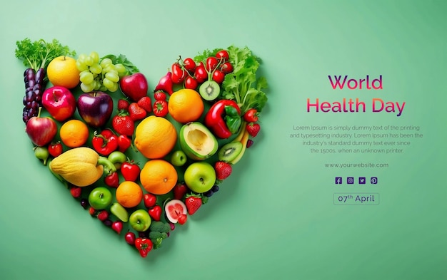 PSD koncepcja światowego dnia zdrowia żywy owoc i warzywo w kształcie serca na jasnozielonym tle