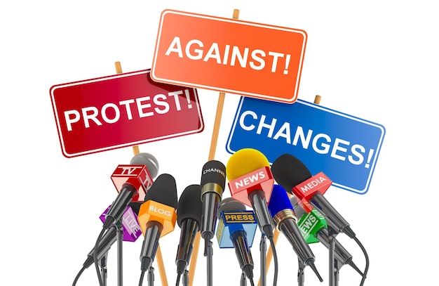 Konferencja prasowa nadawanie mitingów strajków lub protestów koncepcja mikrofony różnych mediów masowych z plakatami protestów renderowanie 3D izolowane na przezroczystym tle