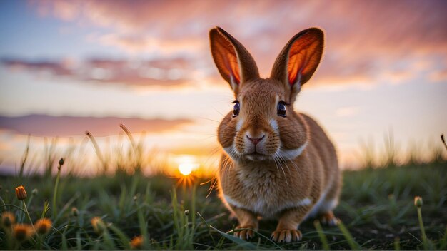 PSD konijn op het gras bij zonsondergang en oranje bewolkt weer leuke onschuldige konijn close-up afbeelding